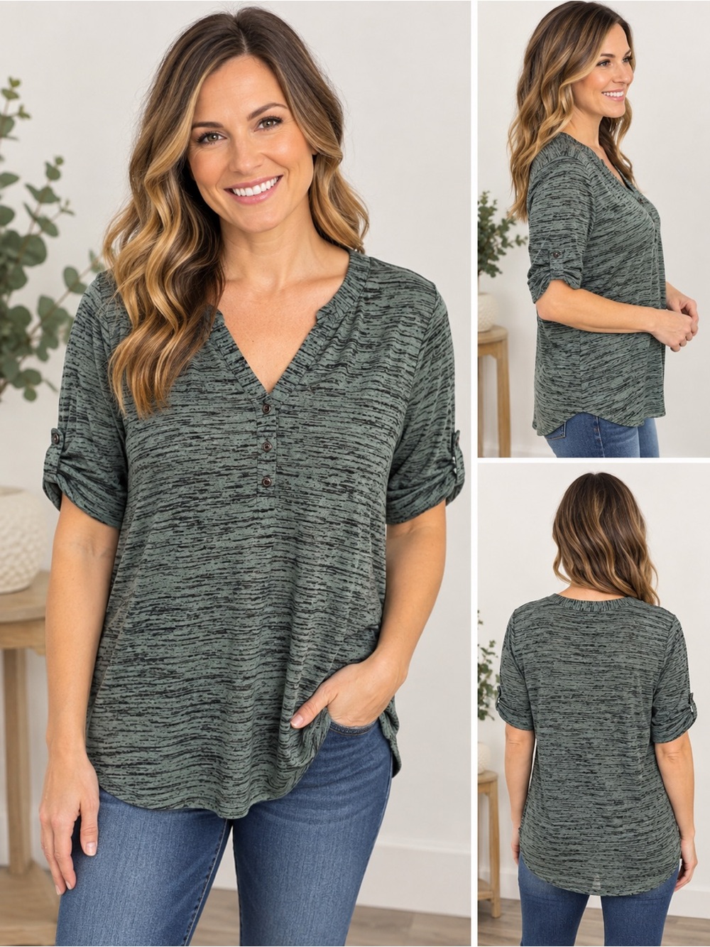 PerSeption Concept Heathered Olive Green V-Henley Tunic